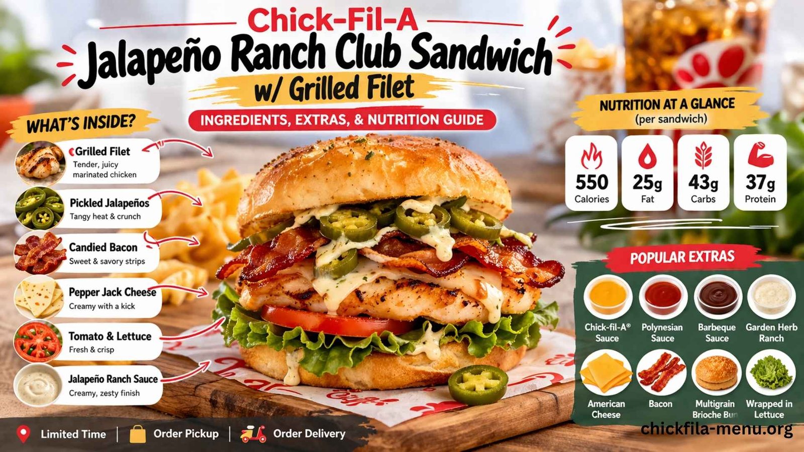 Chick-Fil-A Jalapeño Ranch Club Sandwich w Grilled Filet ingredients extras and nutrition facts image